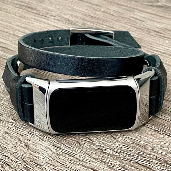 Double Wrap Black Leather Strap Silver Fitbit Charge 5 Band Women Wristband - Picture 1 of 8